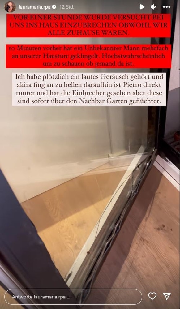 Laura zeigt die beschädigte Glastür.