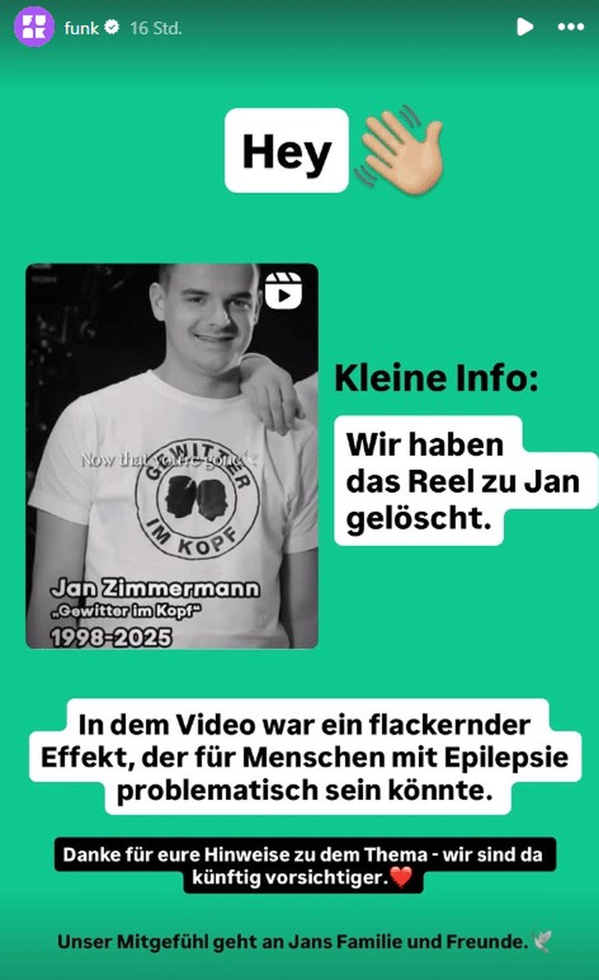 Funk kommuniziert die Löschung eines Beitrags zu Jan Zimmermann.