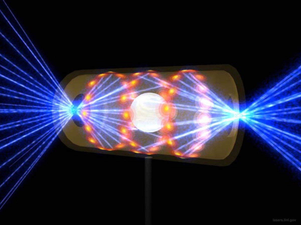21.08.2008, USA, Livermore: Diese Illustration zeigt ein NIF-Target-Pellet in einer Hohlraumkapsel mit Laserstrahlen, die durch Öffnungen an beiden Enden eintreten. Die Strahlen komprimieren und erhit ...
