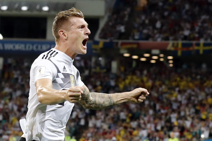 Germany&#039;s Toni Kroos celebrates after he scored his side&#039;s second goal during the group F match between Germany and Sweden at the 2018 soccer World Cup in the Fisht Stadium in Sochi, Russia, ...
