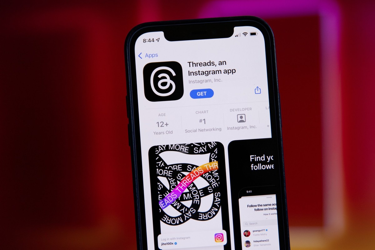 06.07.2023, USA, Cupertino: Die neue Social-Media-App Threads aus dem Facebook-Konzern Meta wird auf einem iPhone angezeigt. Meta hatte den Twitter-Konkurrenten Threads in der Nacht zu Donnerstag (6.  ...