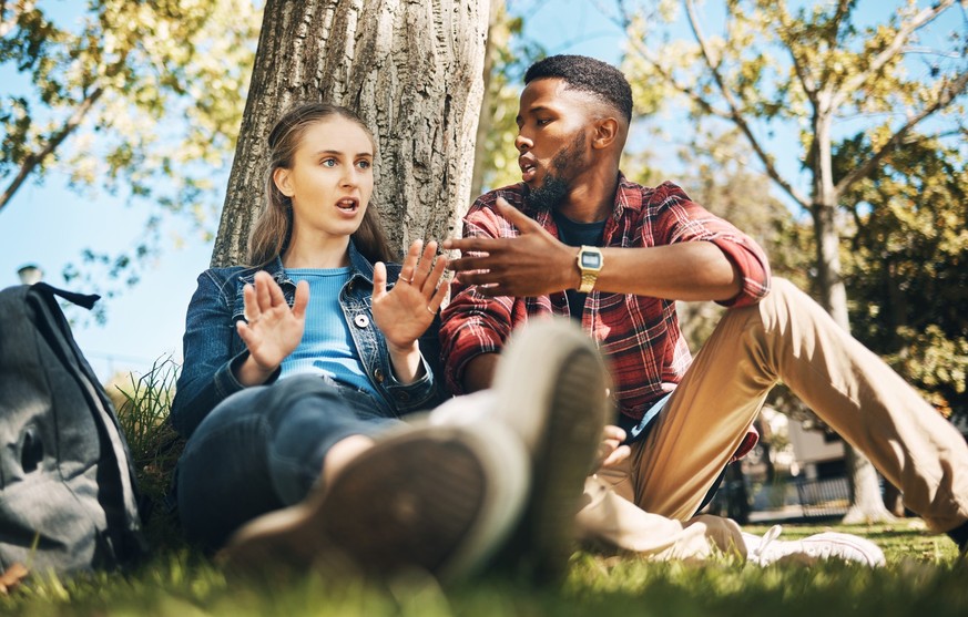 Interracial couple, fight and outdoor with upset young people angry on summer holiday. Conversation, conflict and break up discussion of a woman and man sitting by tree together talking about problem