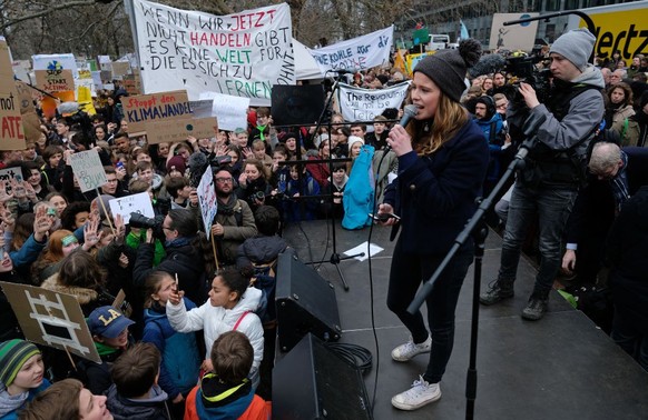 BERLIN, GERMANY - MARCH 15: Climate activist Luisa Neubauer speaks at a FridaysForFuture climate protest march on March 15, 2019 in Berlin, Germany. According to organizers striking students took to t ...