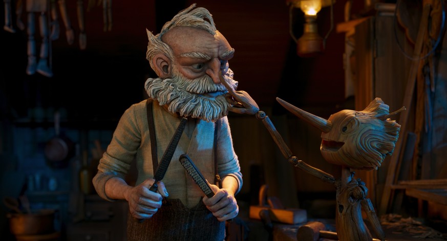 Guillermo del Toro&#039;s Pinocchio - (L-R) Gepetto (voiced by David Bradley) and Pinocchio (voiced by Gregory Mann). Cr: Netflix © 2022