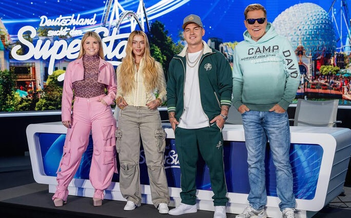 Rust, 25.04.2024: Erster Arbeitstag der Jury für die 21. Staffel von "Deutschland sucht den Superstar" im Europapark in Rust. (v.l.) Schlagersängerin Beatrice Egli, Rapperin Loredana, Sänger ...