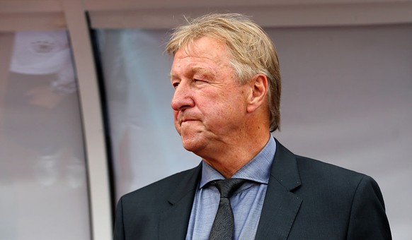 OLOMOUC, CZECH REPUBLIC - JUNE 27: Horst Hrubesch, head coach Germany reacts before the UEFA European Under-21 semi final match Between Portugal and Germany at Ander Stadium on June 27, 2015 in Olomou ...