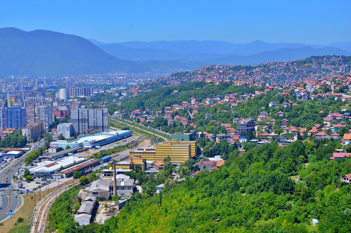 Travel to Sarajevo under summer, Travel to Sarajevo during summer on holiday. Sarajevo skyline day sunset view in summer in Bosnia and Herzegovina. Panorama cityscape of Sarajevo., Travel to Sarajevo  ...