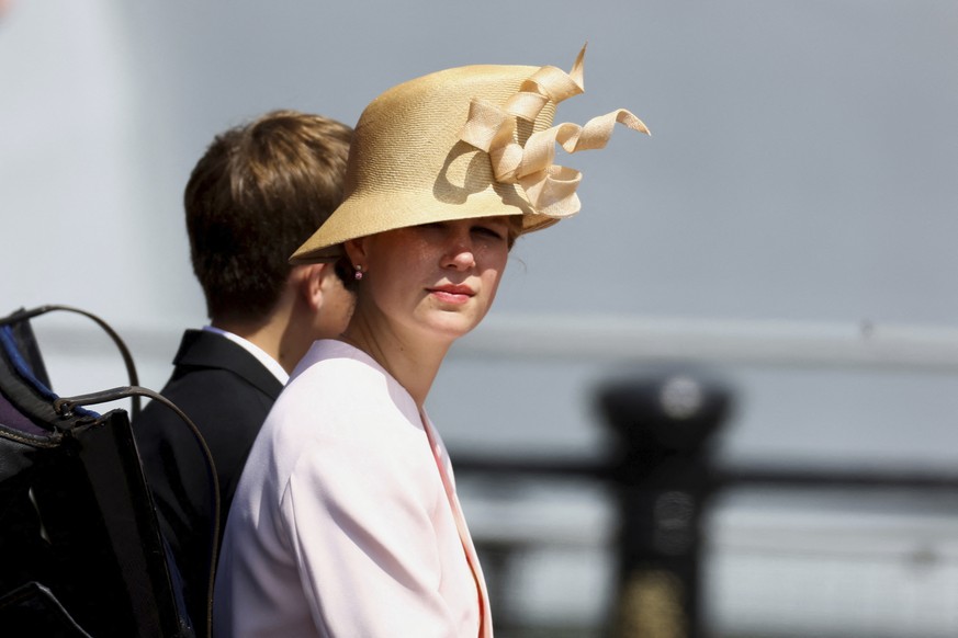 Britain&#039;s Lady Louise Windsor rides in a carriage during the Trooping the Color parade in London, Thursday June 2, 2022, on the first of four days of celebrations to mark the Platinum Jubilee. Th ...