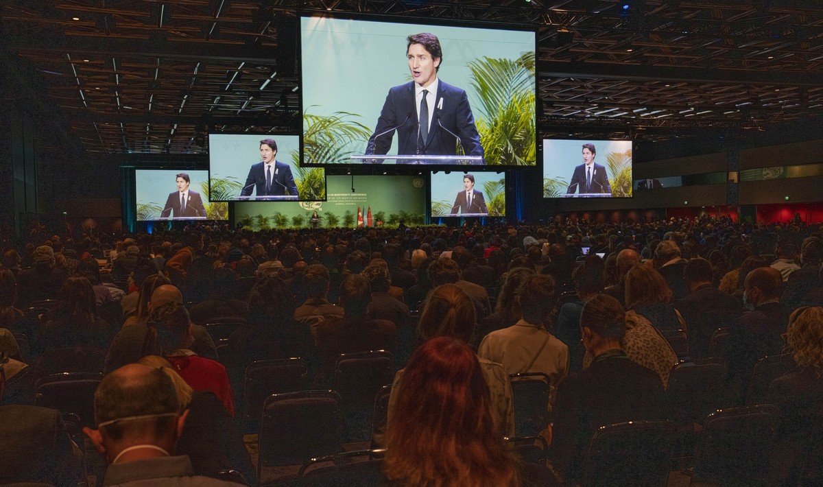 Canada Prime Minister Justin Trudeau delivers remarks during the opening ceremony of COP15, the U.N. Biodiversity Conference in Montreal, on Tuesday, Dec. 6, 2022. (Paul Chiasson/The Canadian Press vi ...