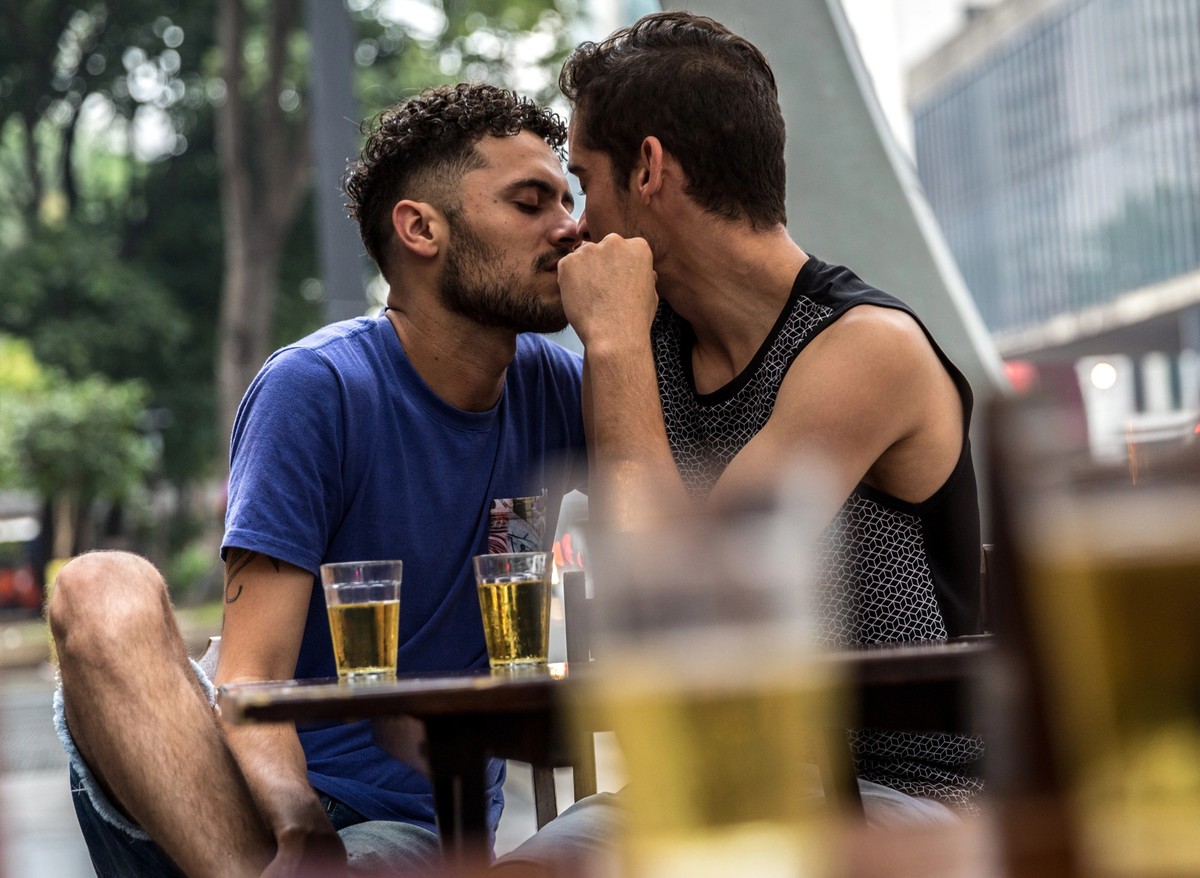 Gay Couple Drinking Beer in Street model released