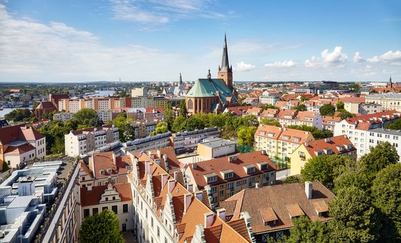 Aerial view of Szczecin cityscape with cathedral in the middle on a sunny summer day, Poland.