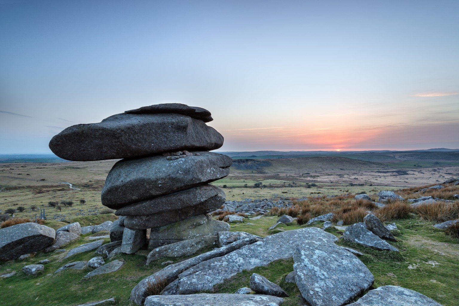 The Cheesewring, a granite rock formation at Minions on Bodmin Moor in Cornwall