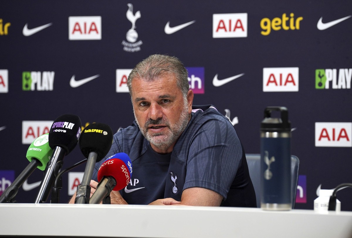 Tottenham Hotspur manager Ange Postecoglou speaks during a press conference at Tottenham Hotspur Training Centre, London, Monday July 10, 2023. (Lucy North/PA via AP)