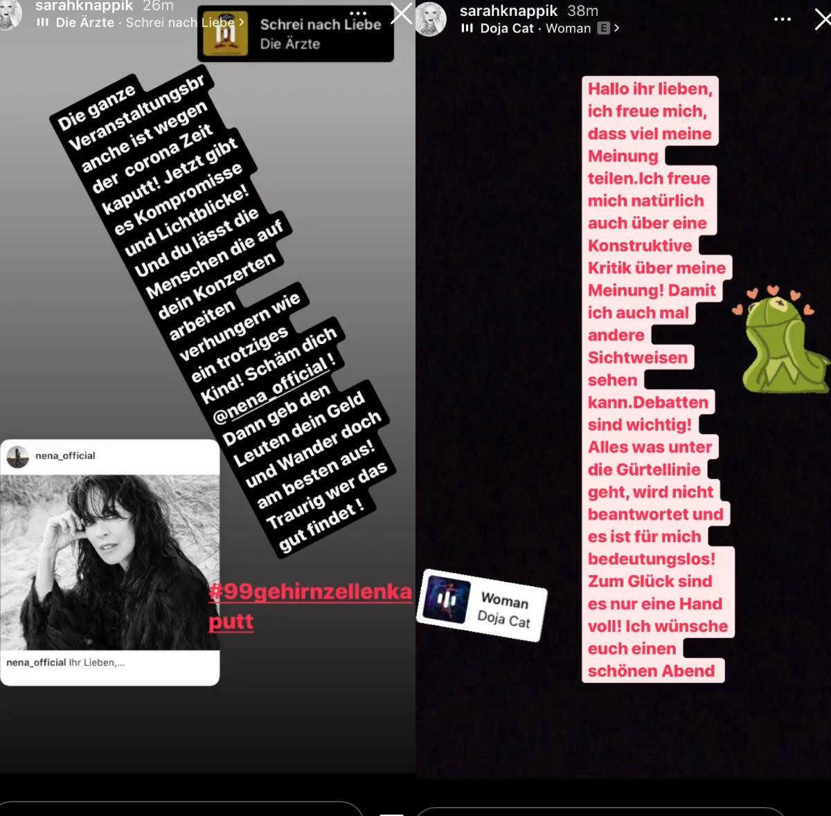 Diese Nachricht (links) schrieb Sarah Knappik an Nena und teilte sie mit ihren Followern.