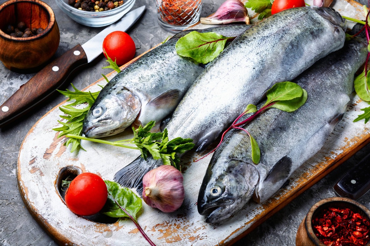 RECORD DATE NOT STATED Fresh trout with spices and seasonings.Healthy food.Fresh fish , 27859648.jpg, trout, fish, raw, seafood, fresh, ingredient, cuisine, sea, fresh fish, spice, table, prepared fis ...