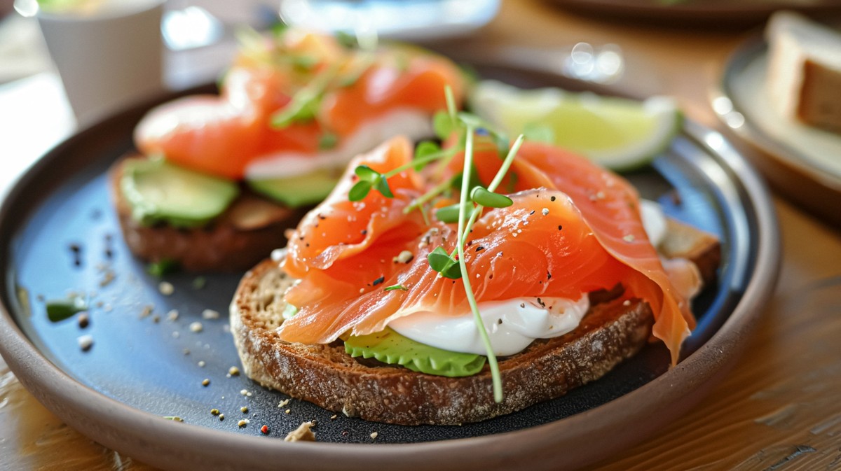 Avocado toast with smoked salmon for breakfast, homemade cuisine, Avocado toast with smoked salmon for breakfast, homemade cuisine and traditional food, country life, Avocado toast with smoked salmon ...