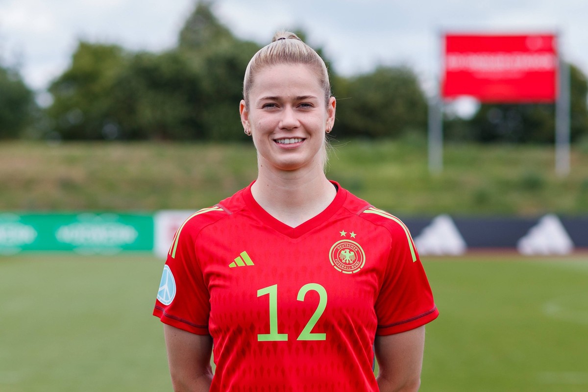 Stina Johannes GER, 12, Torwart, goal keeper Porträt, Einzelbild, 03.07.2023, Herzogenaurach Deutschland, Fussball, Frauen, Deutsche Nationalmannschaft, Media Day, DFB/DFL REGULATIONS PROHIBIT ANY USE ...