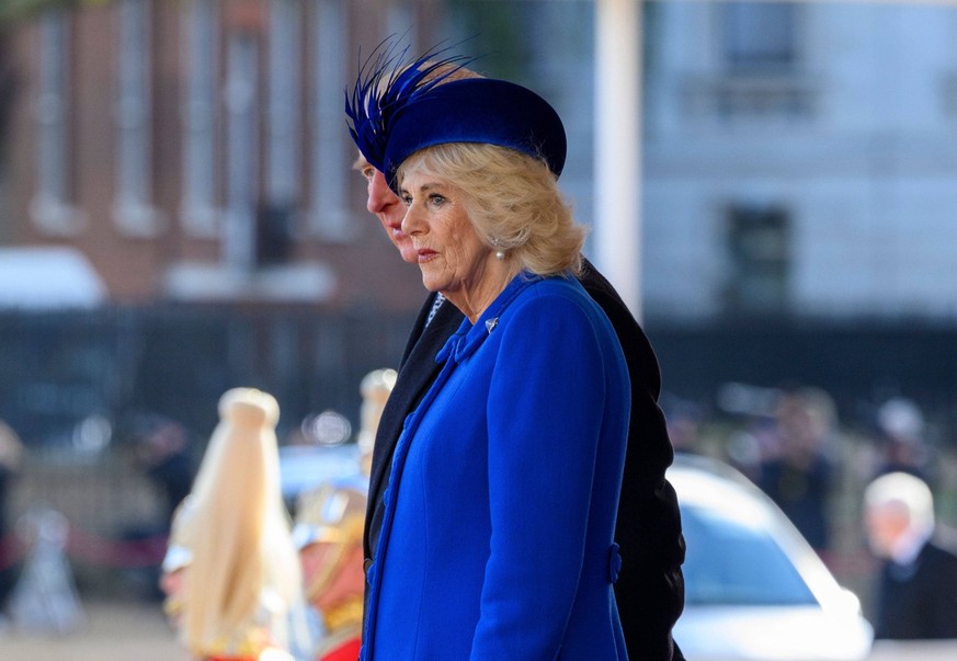 . 22/11/2022. London, United Kingdom. King Charles III and Camilla, Queen Consort, at the Ceremonial Welcome for the President of South Africa at Horse Guards Parade in London at the start of the Pres ...
