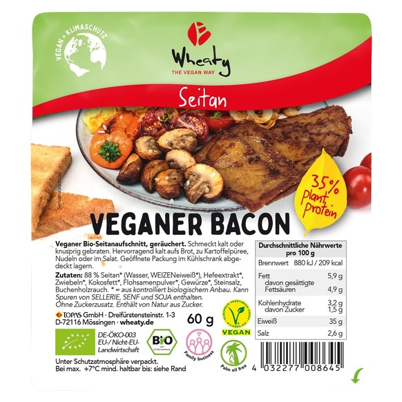 Auch Wheaty hat einen veganen Bacon aus Seitan.