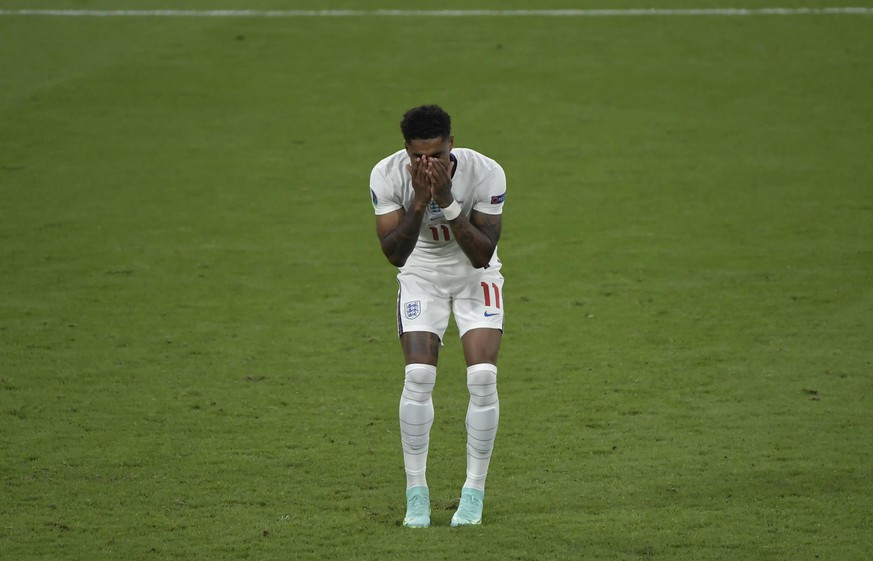 Marcus Rashford of England reacts after failed a penalty during the UEFA EURO, EM, Europameisterschaft,Fussball 2020 Final football match between Italy and England at Wembley stadium in London England ...