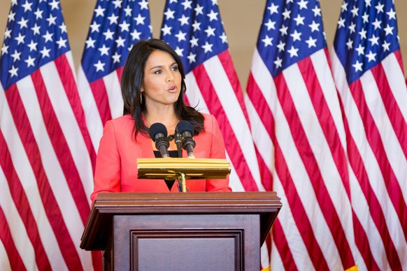 Rep. Tulsi Gabbard (D-Hawaii) speaks during a ceremony with House and Senate leaders to present a Congressional Gold Medal honoring Filipino veterans of World War II for their service and sacrifice du ...