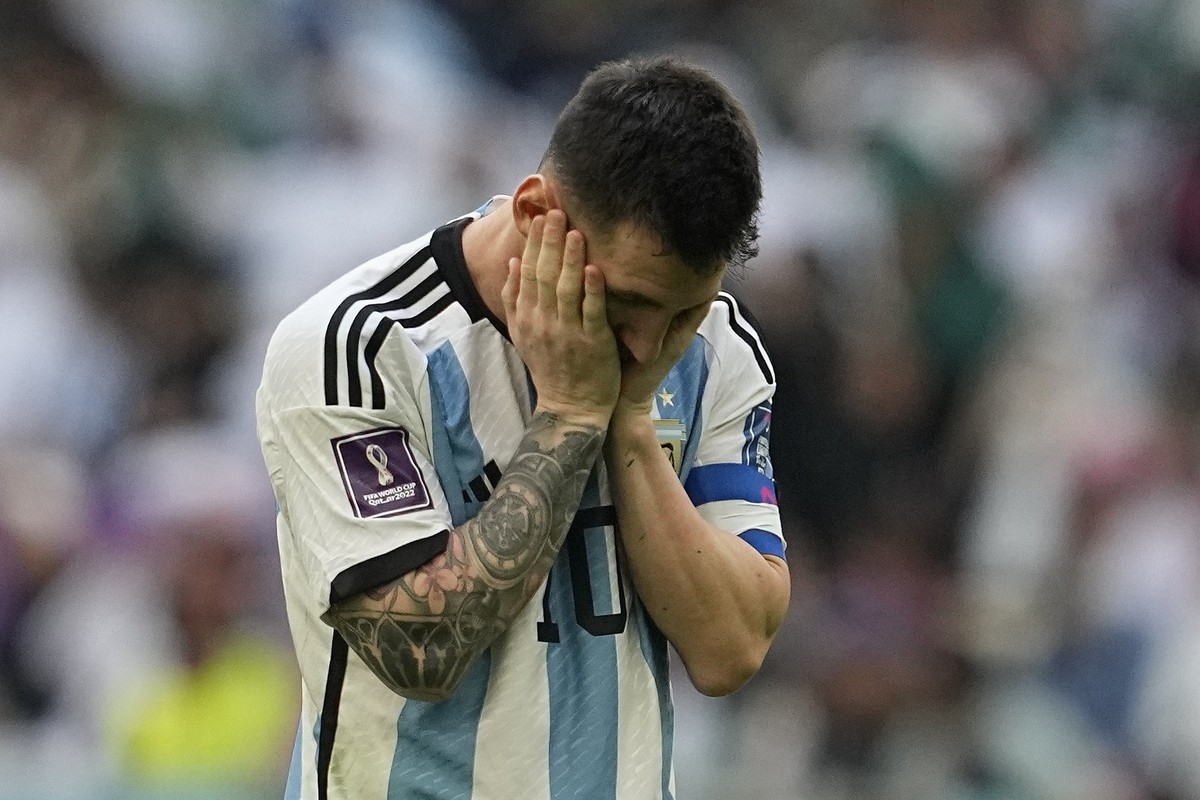Argentina's Lionel Messi reacts after missing a chance during the World Cup group C soccer match between Argentina and Saudi Arabia at the Lusail Stadium in Lusail, Qatar, Tuesday, Nov. 22, 2022. ...