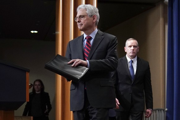 Attorney General Merrick Garland arrives to speak at the Department of Justice in Washington, Thursday, April 13, 2023. Garland announced that a Massachusetts Air National Guard member who has emerged ...