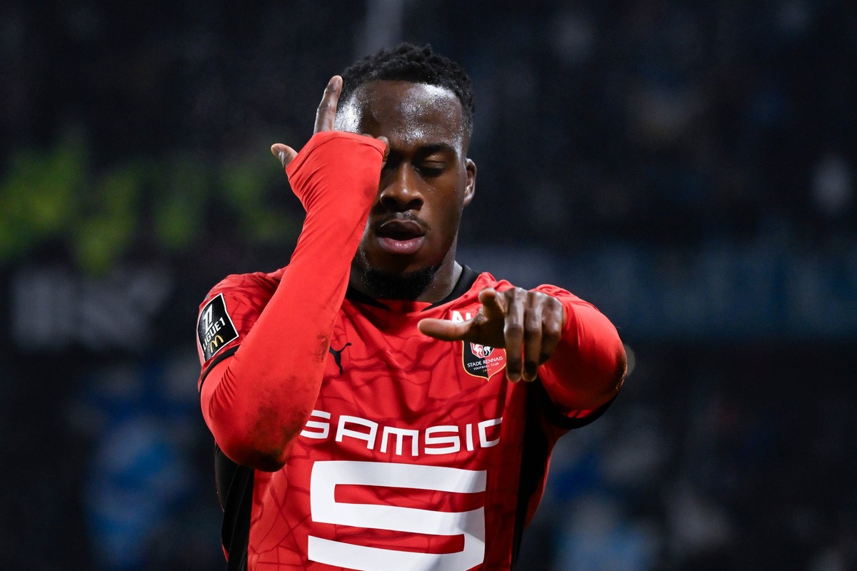 FOOTBALL : Rennes vs Marseille - Ligue 1 - 11/01/2025 Arnaud Kalimuendo 9 - Rennes celebrates after scoring during the Ligue 1 match between Stade Rennais FC and Olympique de Marseille at Roazhon Park ...