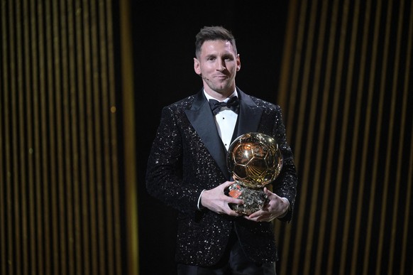 Handout photo of Lionel Messi poses with the trophy of the Men 2021 Ballon d&#039;Or during a ceremony held in Theatre du Chatelet, Paris, France, November 29, 2021. Photo by lEquipe via ABACAPRESS.C ...