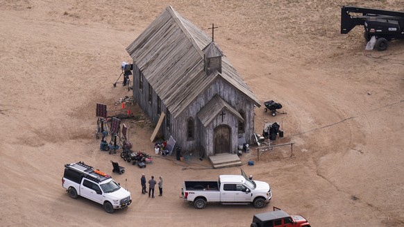 This aerial photo shows the Bonanza Creek Ranch in Santa Fe, N.M., Saturday, Oct. 23, 2021. Actor Alec Baldwin fired a prop gun on the set of a Western being filmed at the ranch on Thursday, Oct. 21,  ...