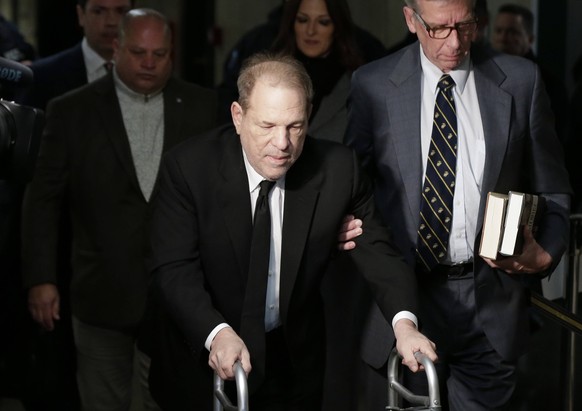 American film producer Harvey Weinstein arrives at Manhattan Court before the start of his sexual misconduct trial on Monday, January 6, 2020 in New York City. Harvey Weinstein is scheduled to stand t ...