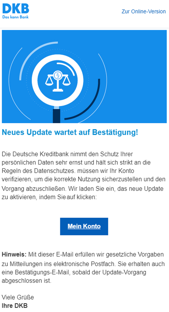 Mit dieser Phishing-Mail arbeiten die Betrüger.