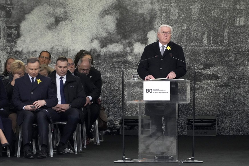 German President Frank-Walter Steinmeier delivers a speech during a &#039;Warsaw Ghetto Uprising&#039; commemoration reception in Warsaw, Poland, Wednesday, April 19, 2023. Presidents, Holocaust survi ...