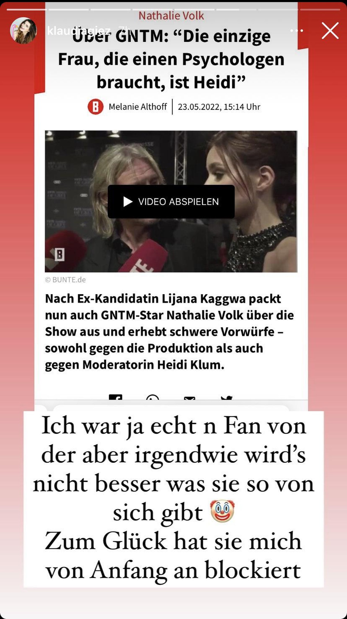 Klaudia äußert sich auch über das Verhalten von Nathalie Volk.