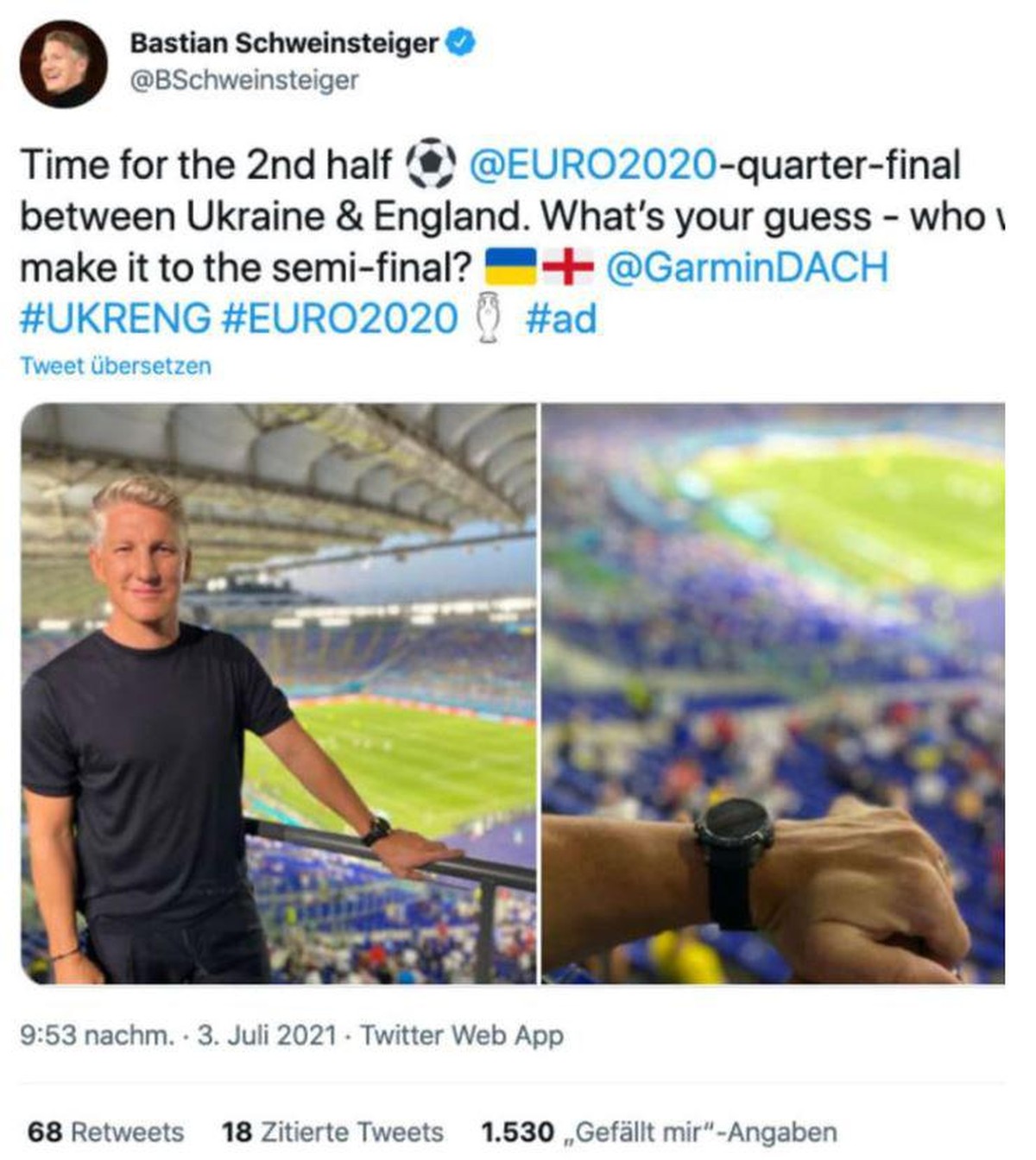 Für diesen Tweet stand Bastian Schweinsteiger in der Kritik. Nach kurzer Zeit löschte er ihn wieder.