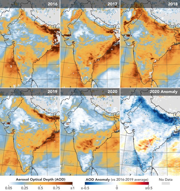 Die Satellitenbilder zeigen deutlich niedrigere Aerosol-Werte im Vergleich zu den letzten Jahren.