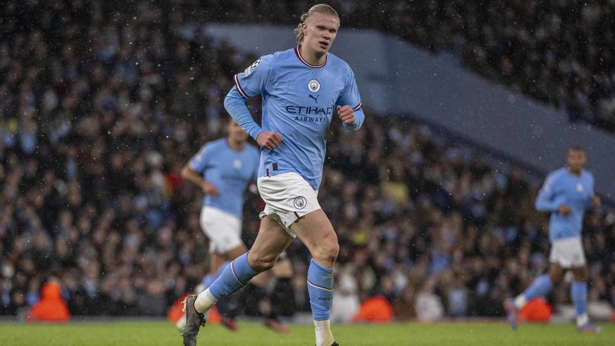 Manchester, England, 14th March 2023: Erling Haaland of Manchester City during the UEFA Champions League round of 16 leg two match between Manchester City and RB Leipzig at Etihad Stadium on March 14, ...