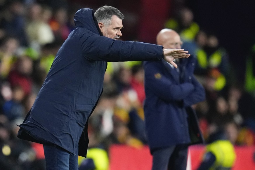 Georgia&#039;s head coach Willy Sagnol gestures during the Euro 2024 group A qualifying soccer match between Spain and Georgia at Jose Zorrilla Stadium in Valladolid, Spain, Sunday, Nov. 19 23, 2023.  ...