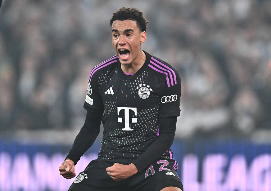 COPENHAGEN, DENMARK - OCTOBER 3: Jamal Musiala of Bayern Munich celebrates after scoring goal during the UEFA Champions League match between F.C. Copenhagen and FC Bayern Munchen at Parken Stadium on  ...