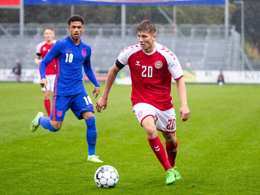 Denmark U19 v England U19, UEFA U19 Championship qualifier, Hobro, Denmark Hobro, Denmark. 27th, September 2022. Gustav Christensen 20 of Denmark seen during the UEFA U19 Championship qualifier betwee ...