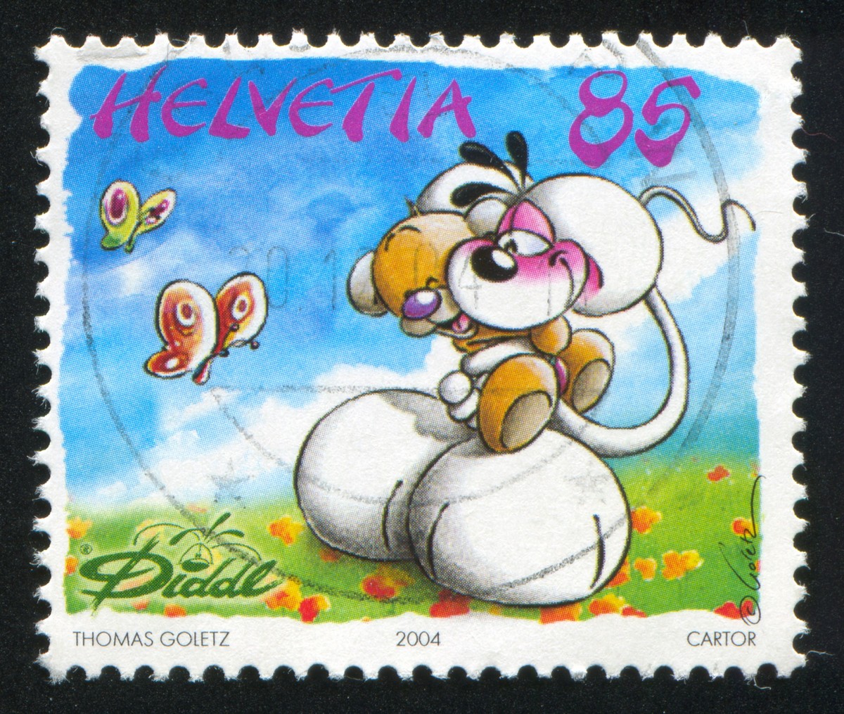 Mouse with teddy bear by Thomas Goletz, SWITZERLAND - CIRCA 2004: stamp printed by Switzerland, shows Mouse with teddy bear by Thomas Goletz, circa 2004