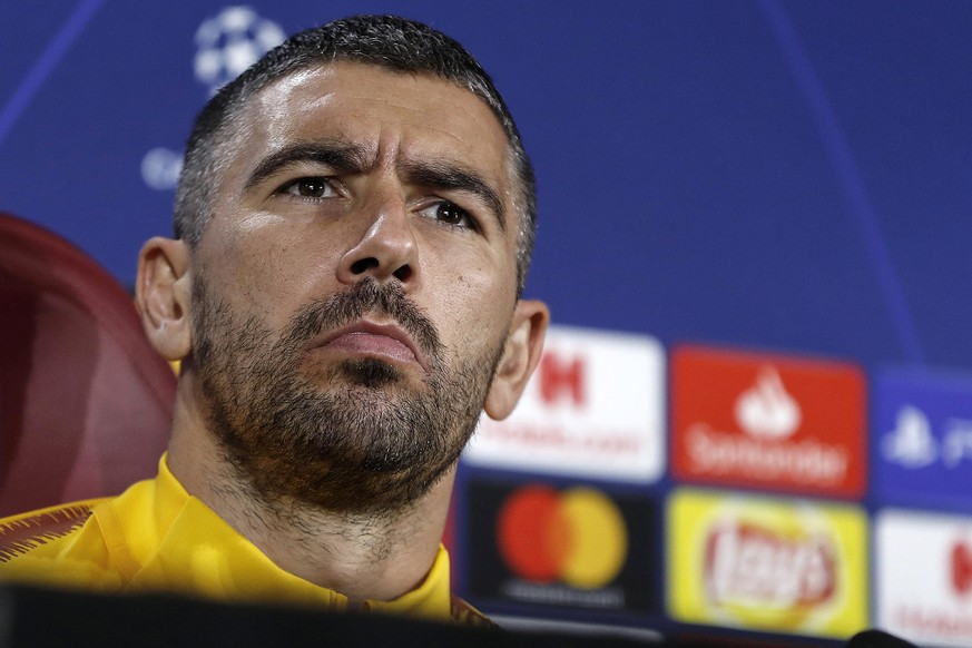 Roma player Aleksandar Kolarov attends a press conference ahead of the Champions League group G soccer match against Real Madrid, in Rome, Monday, Nov. 26, 2018. Roma will face Real Madrid on Tuesday. ...