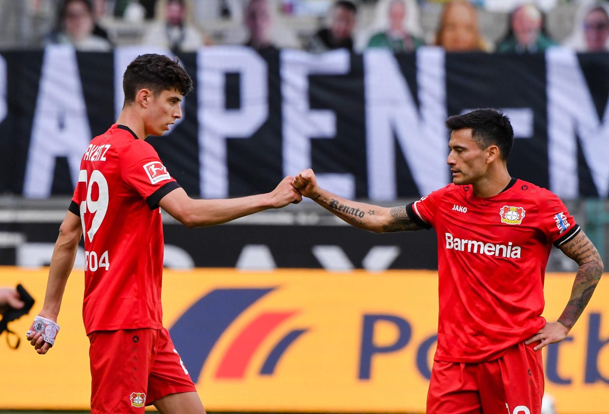 Borussia M�nchengladbach - Bayer Leverkusen, 23.05.2020 Fussball, 1. Bundesliga, Saison 19/20, 27. Spieltag, Borussia M�nchengladbach - Bayer Leverkusen, 23.05.2020: Jubel: Kai Havertz Leverkusen, Cha ...