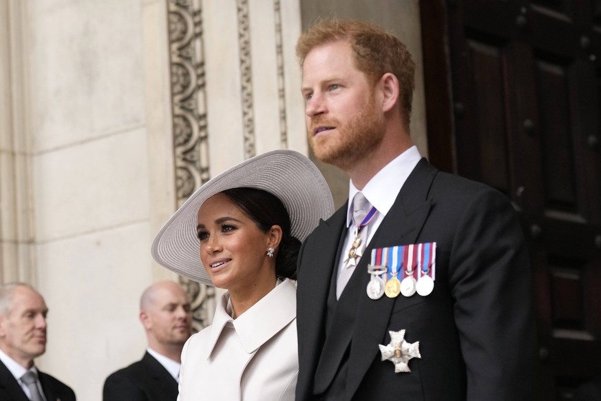 . 03/06/2022. London, United Kingdom. Prince Harry and Meghan Markle , the Duke and Duchess of Sussex at a Thanksgiving for the reign of Queen Elizabeth II at St.Paul s Cathedral in London, on day two ...