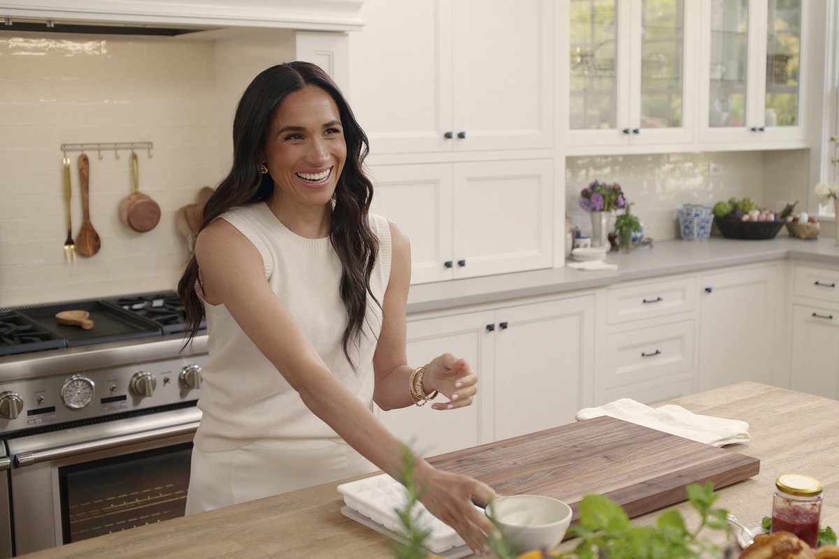 This image released by Netflix shows Meghan, Duchess of Sussex, in a scene from her series "With Love, Meghan." (Netflix via AP)