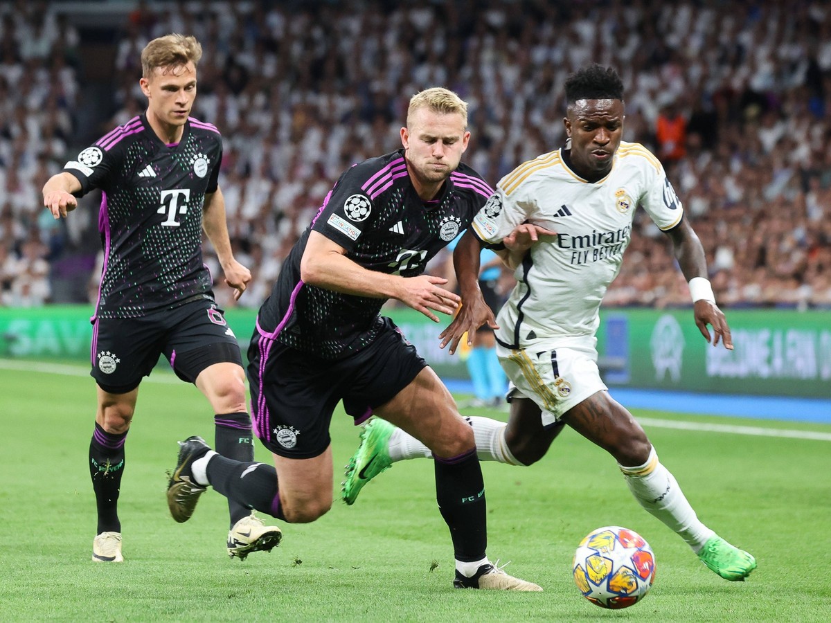 Vinicius Junior Real Madrid 7, Matthijs de Ligt Bayern Muenchen 4, Real Madrid vs. FC Bayern Muenchen, Championsleague-Halbfinale, Rueckspiel, Saison 2023-24, 8.5.2024, Real Madrid vs. FC Bayern Muenc ...