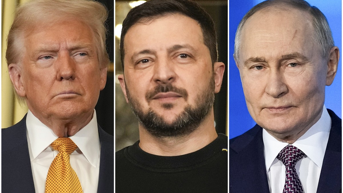 01.05.2025, ---, -: Die Kombo zeigt US-Präsident Donald Trump (l) und den ukrainischen Präsidenten Wolodymyr Selenskyj (M) am 7. Dezember 2024 im Elysee-Palast in Paris und Russlands Präsident Wladimi ...