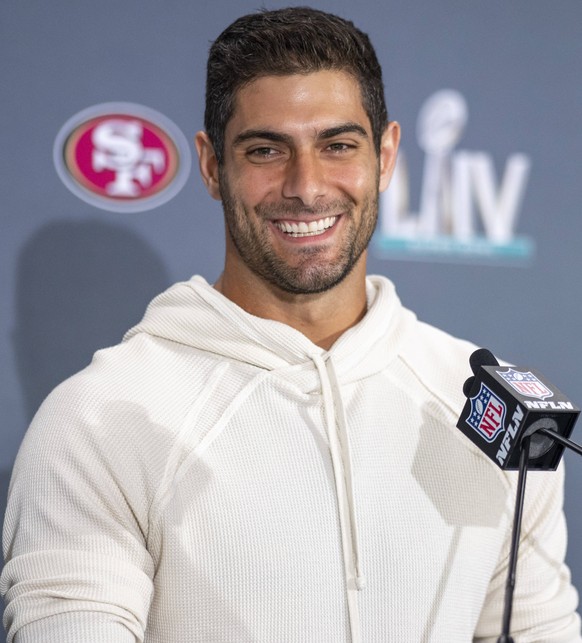 NFL, Super Bowl LIV in Miami, Jimmy Garoppolo Pressekonferenz MIAMI, FL - JANUARY 30: San Francisco 49ers Quarterback Jimmy Garoppolo 10 speaks to the media during the San Francisco 49ers press confer ...