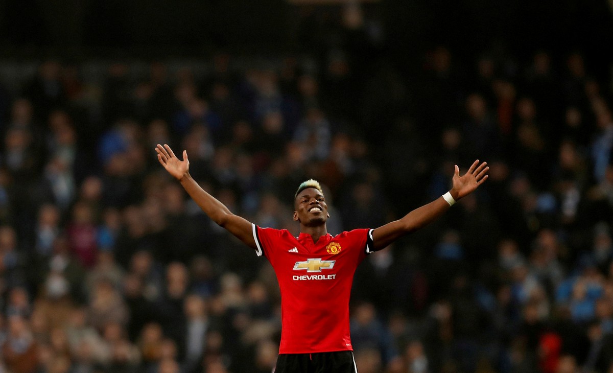 FILE PHOTO: ON THIS DAY -- April 7 April 7, 2018 SOCCER - Manchester United midfielder Paul Pogba celebrates after his match-winning display against rivals Manchester City at the Etihad Stadium. City ...
