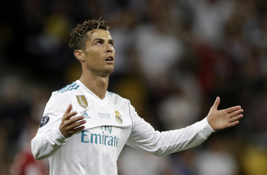 Real Madrid's Cristiano Ronaldo reacts during the Champions League Final soccer match between Real Madrid and Liverpool at the Olimpiyskiy Stadium in Kiev, Ukraine, Saturday, May 26, 2018. (AP Photo/M ...